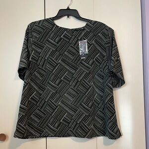 Maggie Barnes Black, White and Dark Green Geometric Blouse.